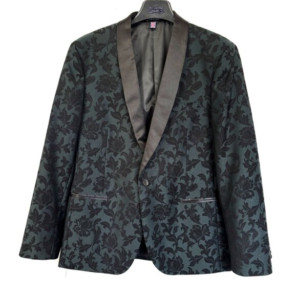 Saville Row Black Floral Satin Shawl Lapel Slim Cut  Evening Formal Jacket - Picture 2 of 13